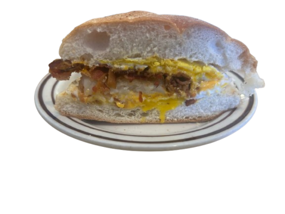 bacon egg and cheese with a hash brown on a roll