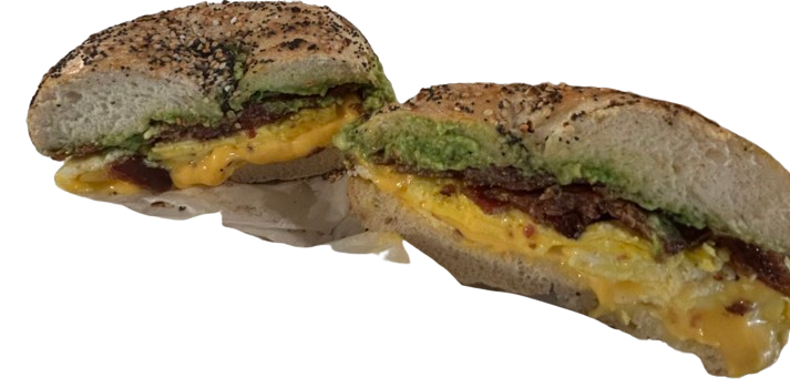 bacon egg and cheese with avocado on an everything bagel