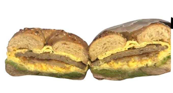 sausage egg and cheese with avocado on an everything bagel